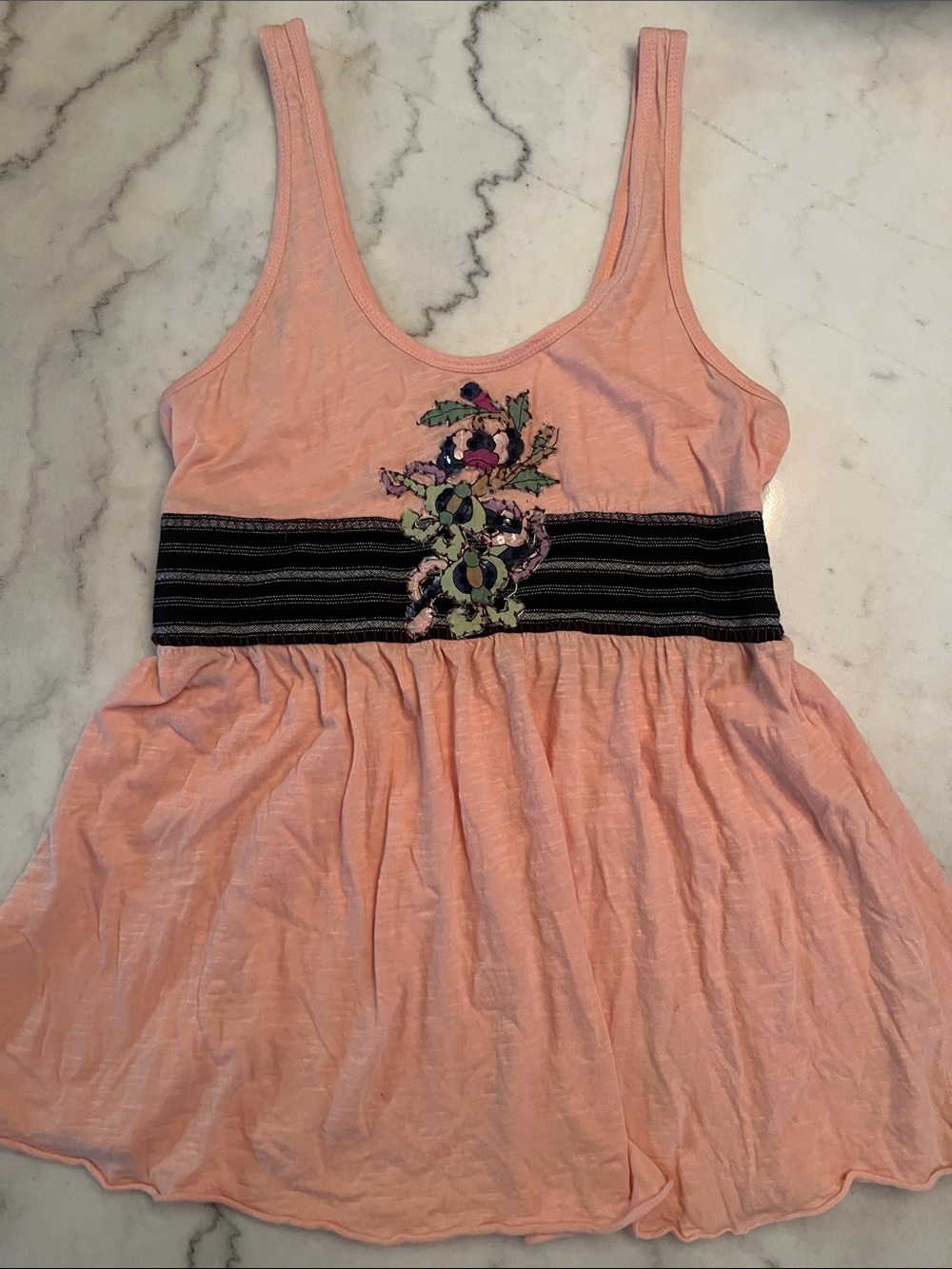 Free People Peach Embroidered Tank Top with Black Accent